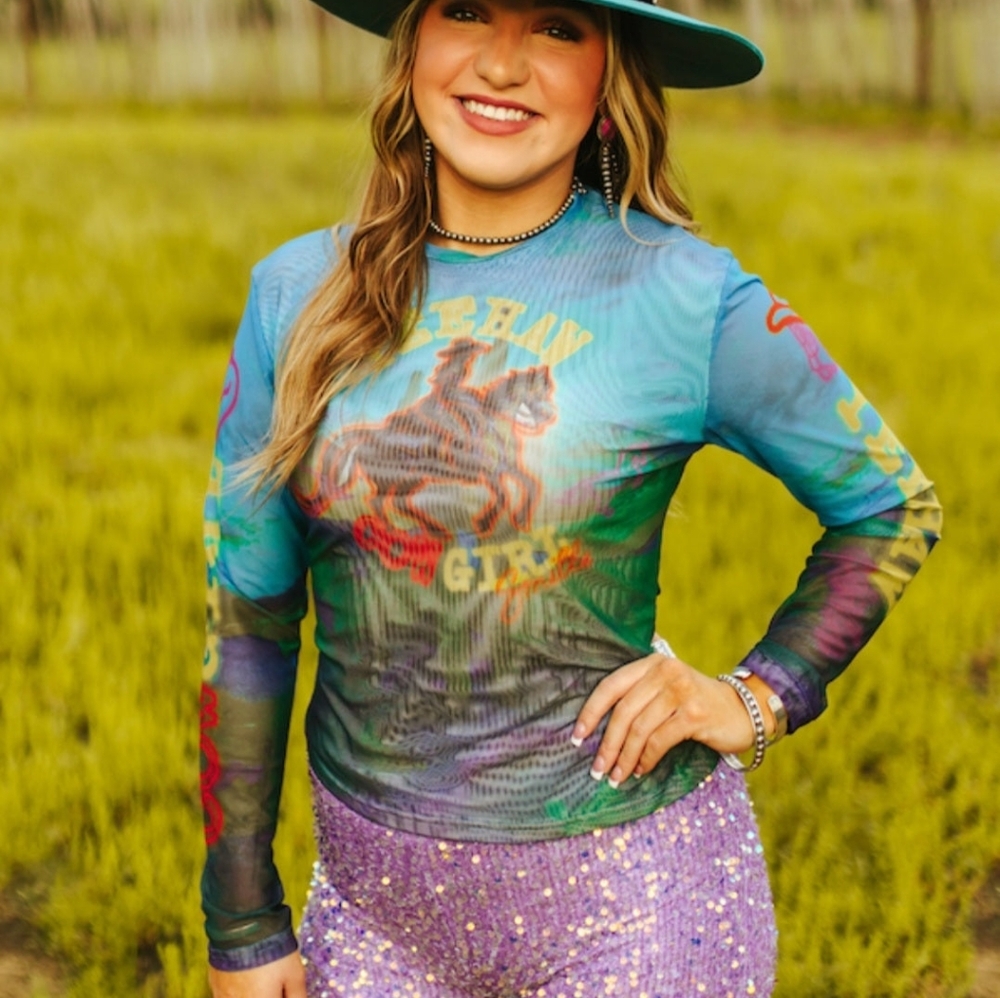 NEW LUCKY AND BLESSED Blue Western Multi Color Cowgirl Long Sleeve Mesh Top